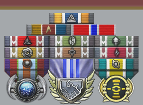 In order (left to right, row by row): Academy Graduation Award, Klingon War Service Medal, Borg Incursion Service Medal, Undine Campaign Medal, Iconian War Service Medal, Hur’q Conflict Campaign Medal, Terran Incursion Service Medal, Prentares Ribbon of Commendation, Starfleet Medal of Commendation, Zefram Cochrane Medal of Excellence. A collection of medals and ribbons pinned on the standard Starfleet dress uniform.